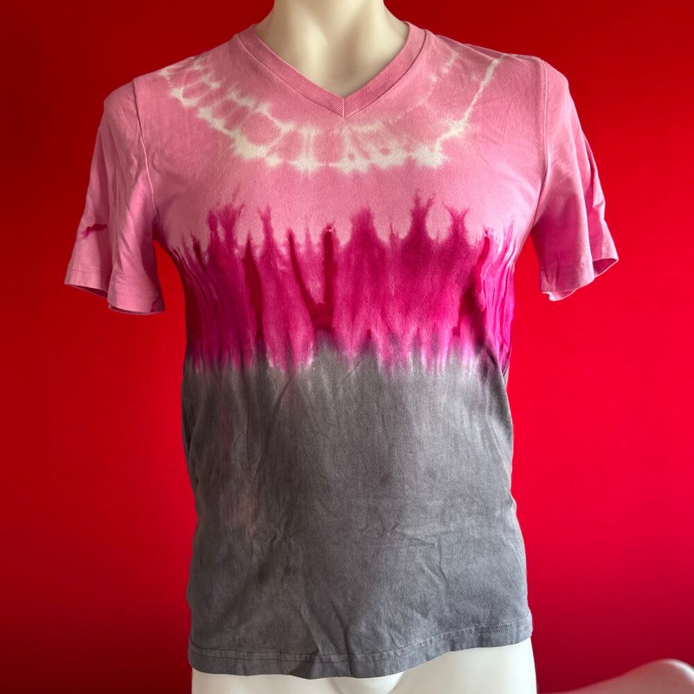 Unisex T-Shirt Size Small Pink Grey Tie Dye Soft Cotton V-Neck Hippie Brand New